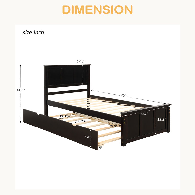 Lit plateforme avec lit gigogne simple, structure de taille simple, Espresso