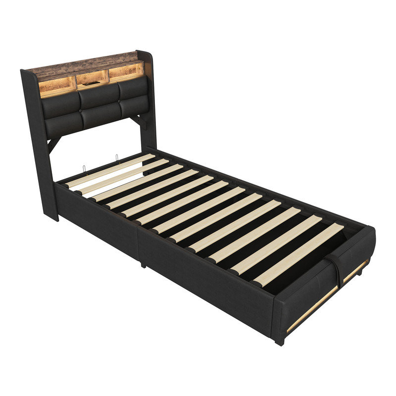 Upholstered Bed with LED Strip Lights, 90*200cm