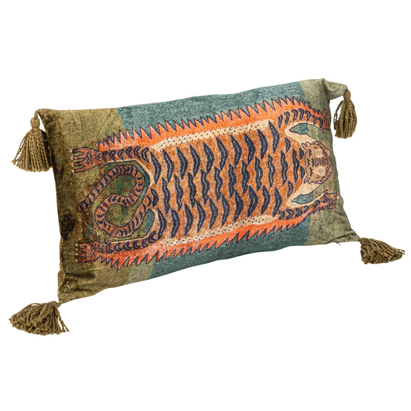 Multicolor Cotton Velvet Tiger Lumbar Pillow with Tassels