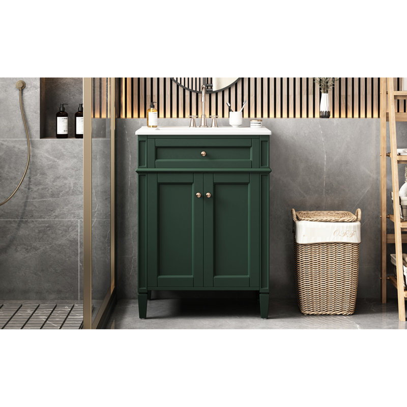 24 meubles de salle de bain d'inspiration française avec 2 portes, un tiroir basculant, des rails coulissants lisses, une tablette réglable, un support en bois massif à charnières silencieuses et silencieuses, un lavabo en céramique facile à nettoyer, idéal pour les petits