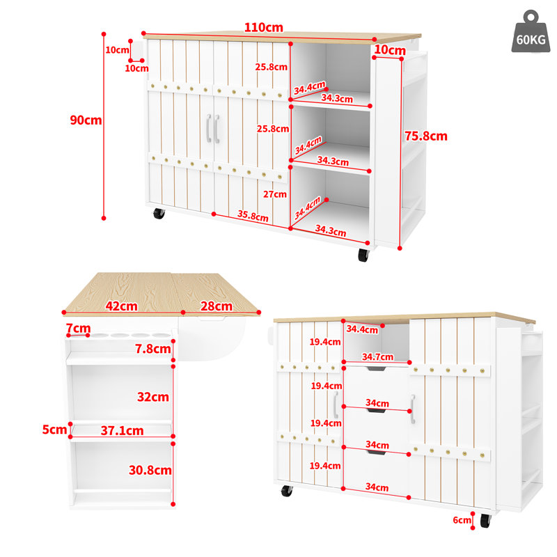 Kitchen Island With 3 Drawers And 2 Sliding Doors, White