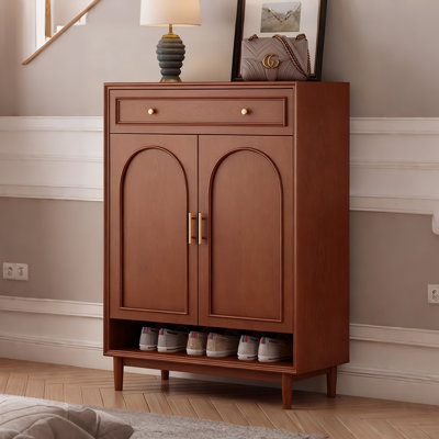 Red Brown Solid Wood Shoe Storage Bench