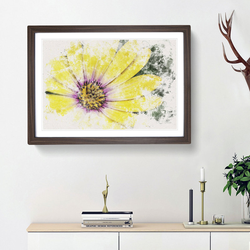 Yellow Gerbera Flower Watercolour - Framed Print, 62cm H x 87cm W x 2cm D, Walnut