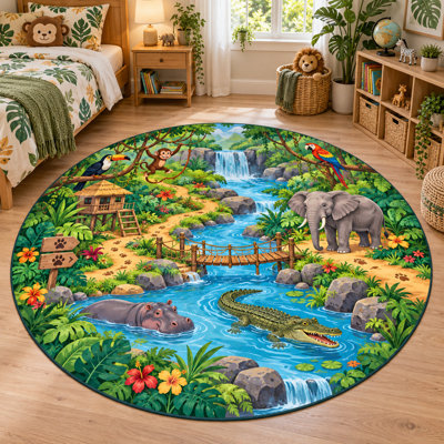 Tapis rond ultra-mince 6 pi x 6 pi «Elephant River Jungle Crossing» pour chambre d'enfant, salon, chambre à coucher et bureau personnel, tapis à poils courts et doux avec envers antidérapant en silicone