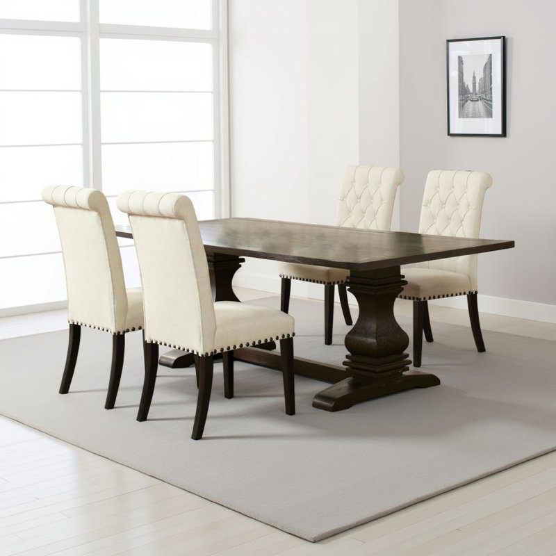 Ensemble de table de salle à manger Akins, bois de pin brun, beige capitonné, 5