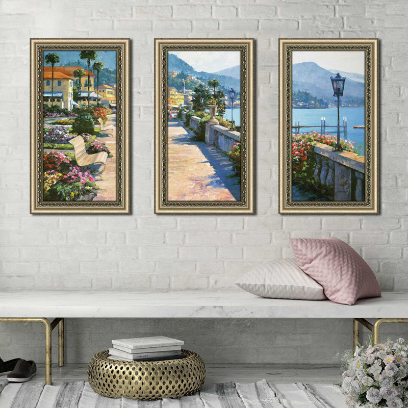 Bellagio Promenade par Howard Behrens - 3 pièces, encadré, H 27,5 po x l 46,5 po x P 0,75 po