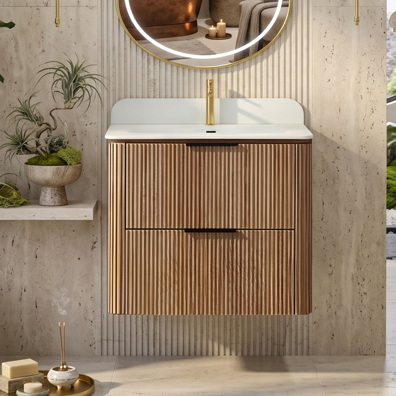 Meuble-lavabo suspendu de 61 cm (24 po) en bois naturel avec lavabo monobloc sans joint