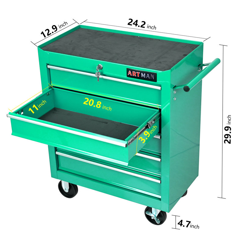 Tool Storage Cabinet For Garage Storage With 4 Wheels And Locking System, Green