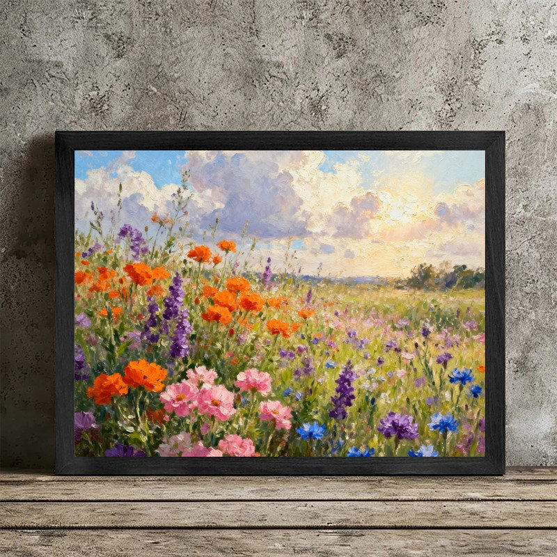 Black Framed Impressionist Wildflower Field Wall Art - Vibrant Floral Landscape Decor Framed Prints, 17" H x 13" W
