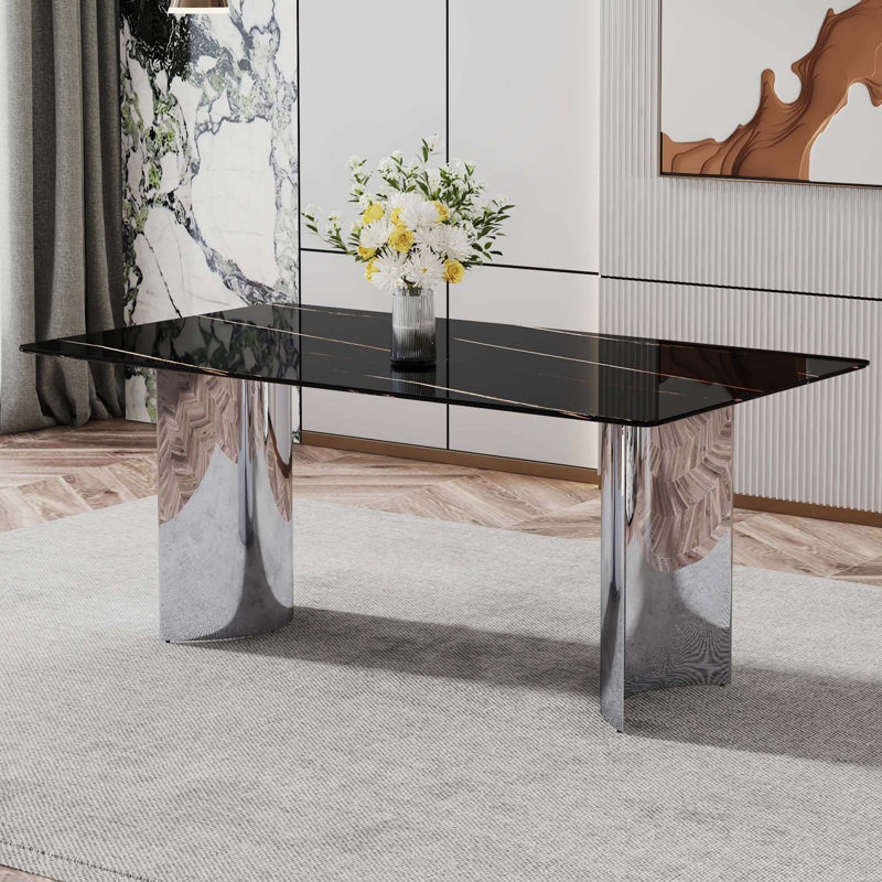 Table de salle à manger en verre marbré (table seulement), Noir