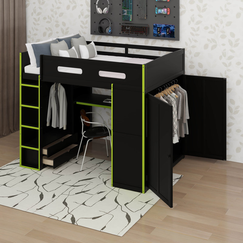 Lit mezzanine double avec bureau intégré, garde-robe, tiroirs de rangement et lumière DEL RVB, Green