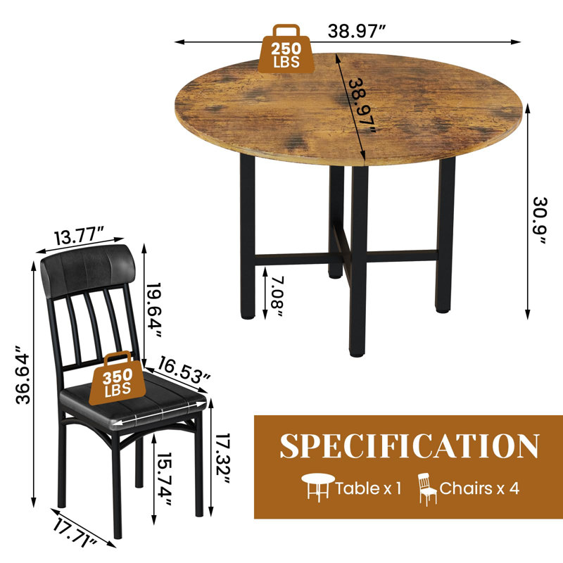 Ensemble de table de salle à manger rond en faux marbre pour 4 personnes - conception peu encombrante, chaises de 350 lb et assemblage facile (cuisine moderne et petits espaces)
