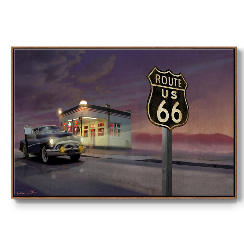 Route 66 - reproduction sur toile avec cadre flottant, H 17 po x l 25 po x P 2 po, Noyer