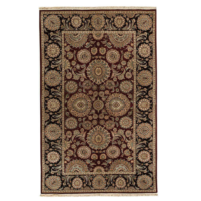Tapis brun / bleu / beige en laine noué à la main de conception unique 5 pi 9 po x 8 pi 9 po