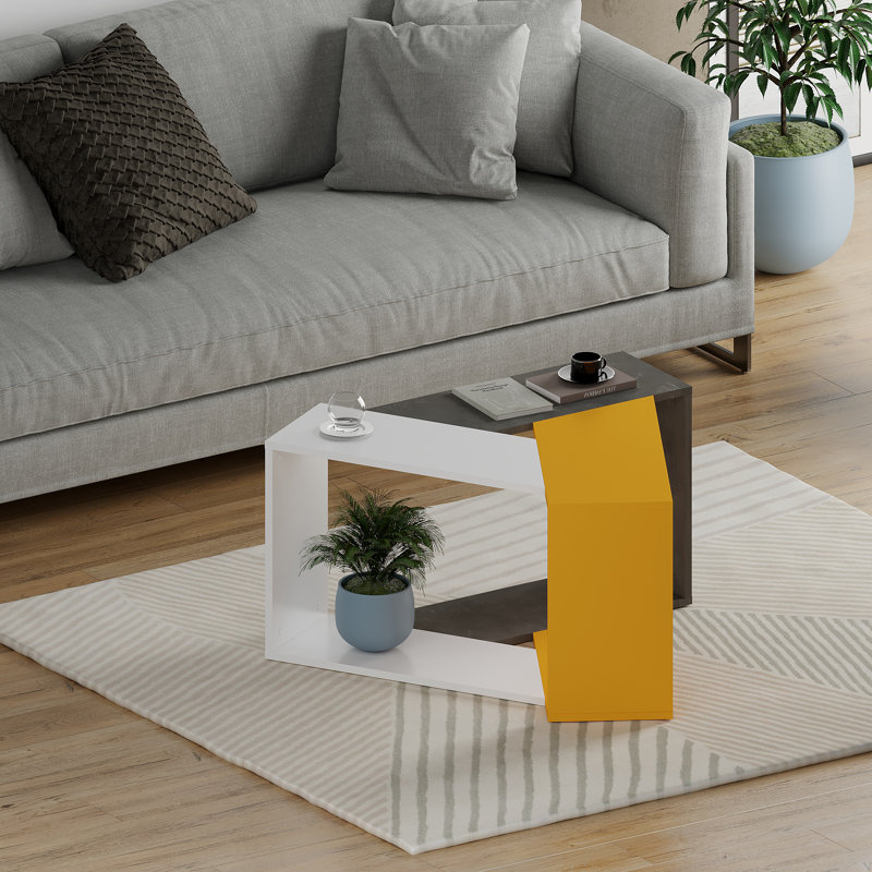 Modern Geometric Coffee Table with Open Shelf and Angular Design, Mustard/White/Retro Gray