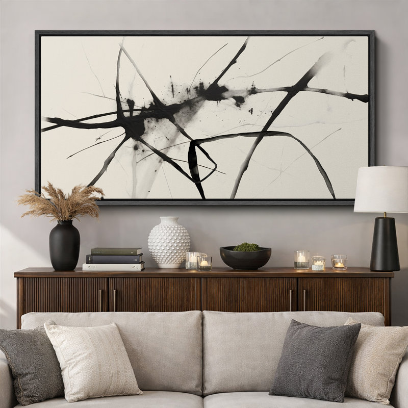 «Grunge Abstract Paint Stroke Effect Minimalist Black Ink Splatter On», reproduction encadrée sur toile, H 30 po x l 60 po