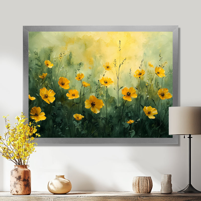 Montral fleurs dorées vertes verdâtres V - Art mural fleurs sauvages, H 34 po x l 44 po, Argent