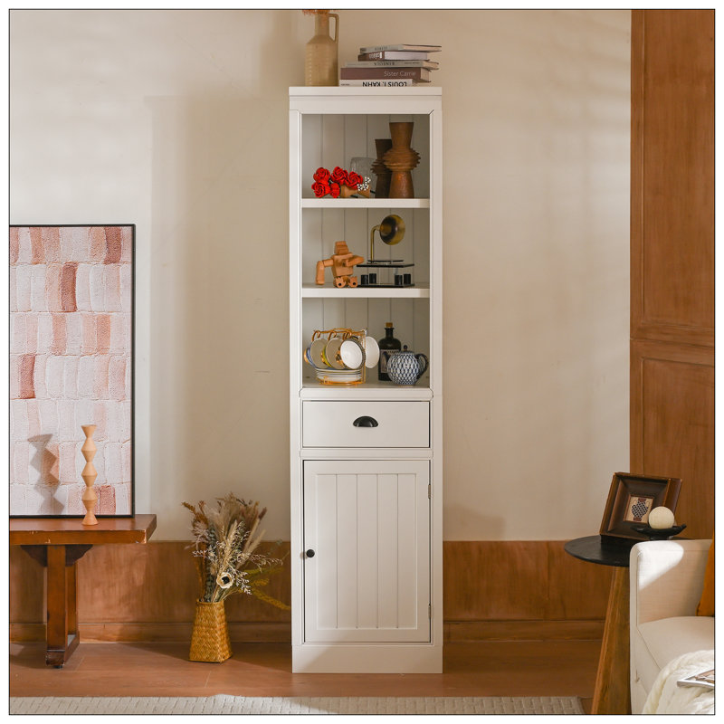 75'' Freestanding Display Bookshelf, Farmhouse Bookcase With Storage & Cabinet, Small Size Wooden Organizer Pantry, For Hallways Living Room, Kitchen, Home, Office - White