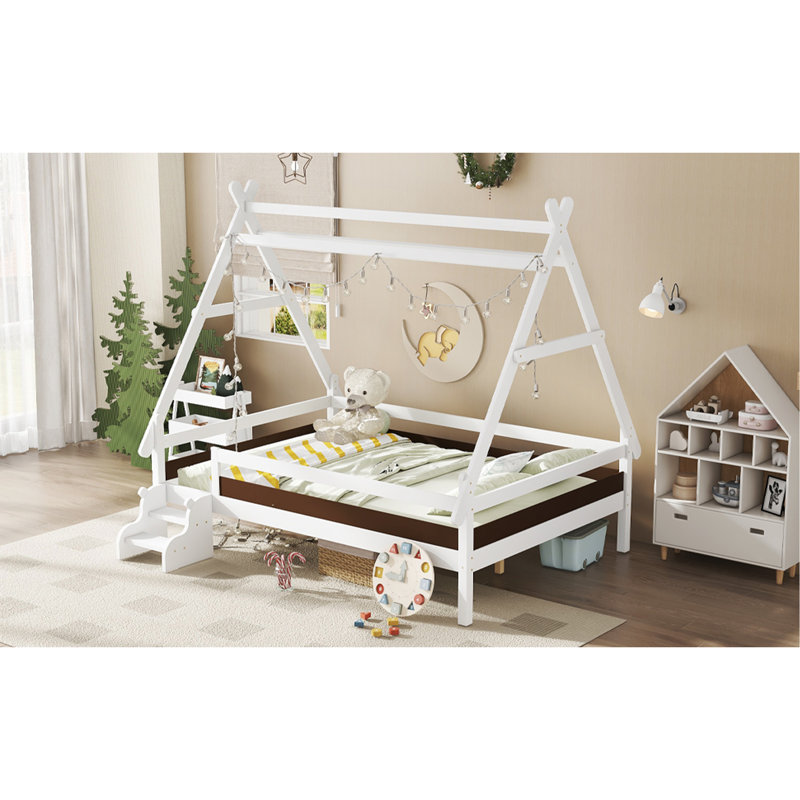 Full House Platform Bed With Stairs, Solid Wood Twin Bed Frame, Low Profile And Childlike Fun Design, White, Light White