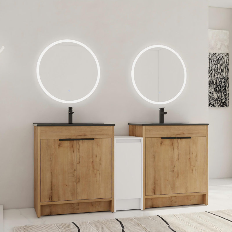 Meuble-lavabo double autoportant 72 po avec lavabo, finition chêne et armoire de rangement 72 po, Noir