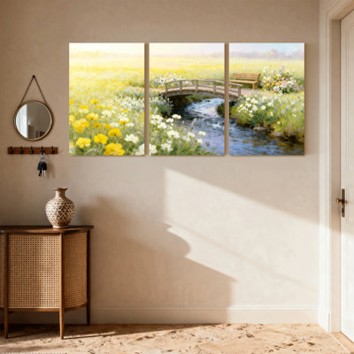 Assorted Bouquets Flower Field Bridge Stream Bench Spring Landscape Art Set of 3 Canvas Wall Art Prints