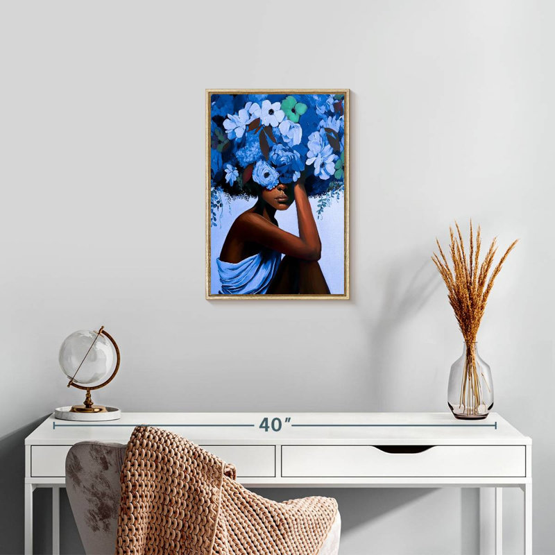 Fille aux cheveux bleus, Cadre flottant en bois naturel, 13 po x 19 po