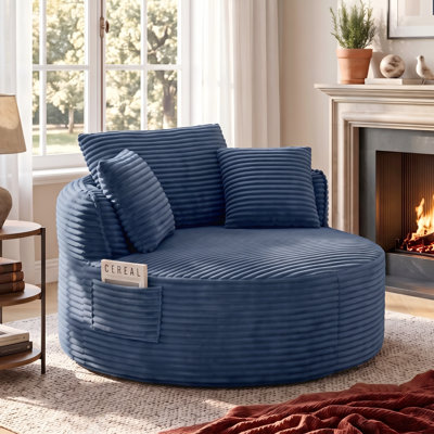 53.5" Oversized Round Chaise Lounge Chair Indoor, Comfy Corduroy Upholstered Boneless Couch with Pillow, No Assembly Required, Deep Seat Lounge Floor Sofa Chair for Living Room, Apartment