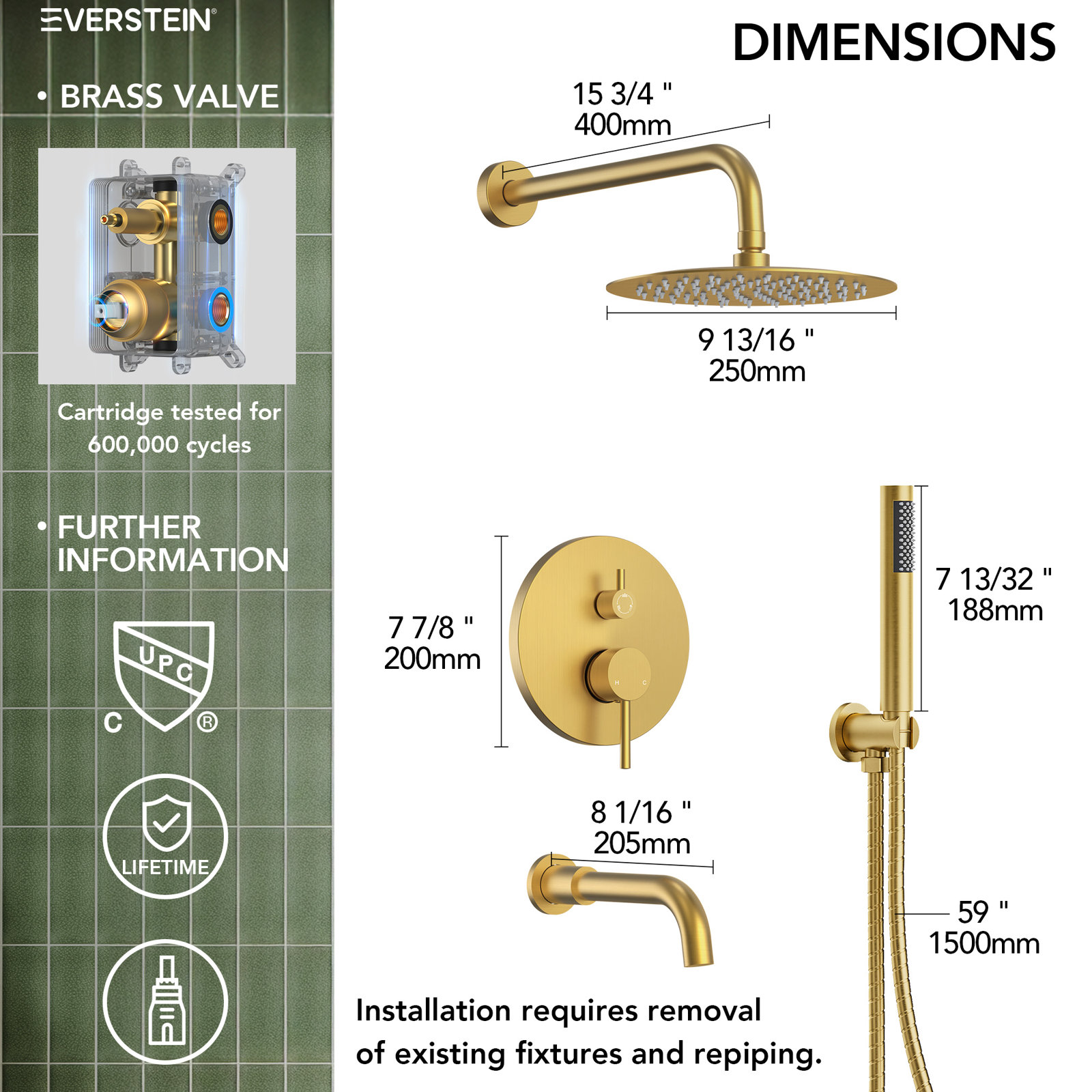 AquaSpa 10" Shower System with Tub Faucet, Brushed Gold