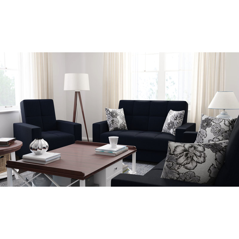 Fauteuil en chenille bleu foncé avec rangement caché - pour un espace de vie bien rangé avec des idées novatrices