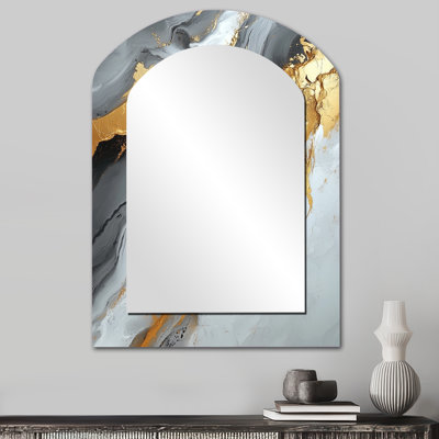 Abstrait marbre dans les tons de gris et d'or I - grand miroir mural asymétrique en marbre, miroir moderne arche unique, impression d'art en métal