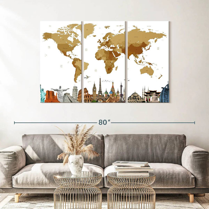 Carte du monde en bronze 3 pièces, H 36 po x l 57 po x P 1,25 po