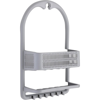 Molded Shower Caddy – Grey – Over-Showerhead Bathroom Organizer With 6 Hooks For Razors, Washcloths & Accessories, Suction Cup Stability