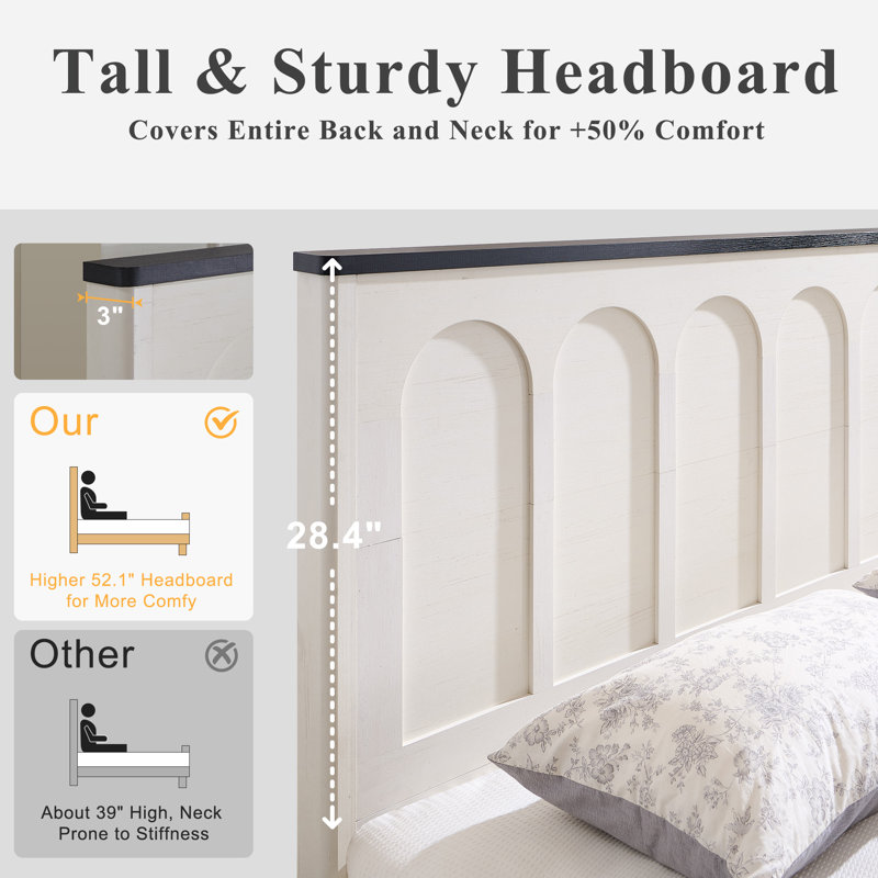 Modern King Bed Frame With 52" Tall Arched Recessed Headboard, Wood Platform Bed With 4 Drawers,  Solid Wood Slats Support, No Box Spring Needed