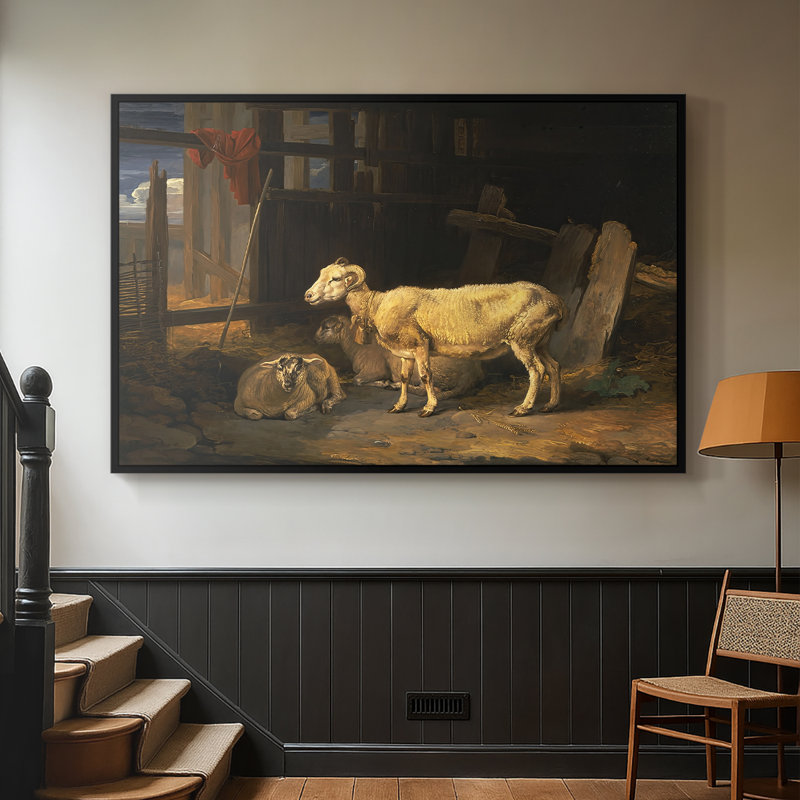 «Sheep in a Stable», 1810 - Toile tendue avec châssis James, 26 x 40, Noir
