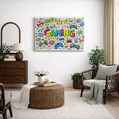 Colorful Gaming Doodle Artwork, Cartoon Game Elements Kids Room Pictures, Framed Canvas Giclee Print Wall Art