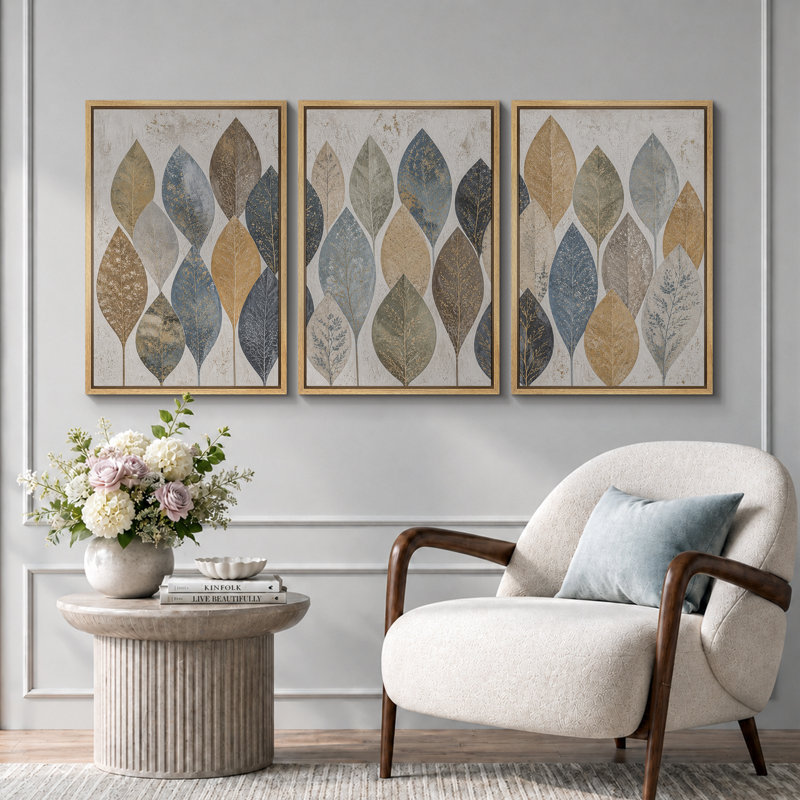 "Blue Gold Leaf", reproduction d'art sur toile encadrée, impression sur toile, 3 pièces, 36" H x 72" W x 1.5" D