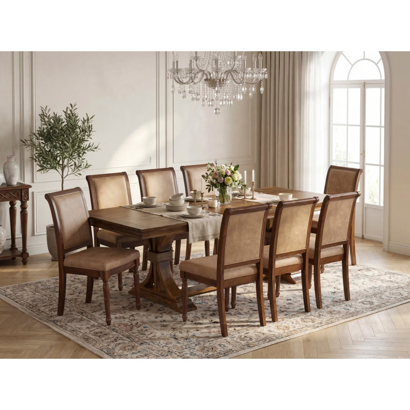 Cet ensemble de salle à manger 9 pièces comprend une table de salle à manger et 8 chaises de cuisine en tissu de polyester beige à haut dossier - finition noyer antique