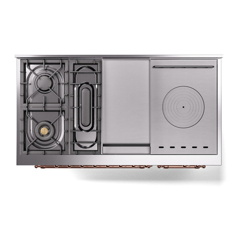 Cuisinière à double combustible ILVE Nostalgie II Series 48 po avec 5 brûleurs scellés, plaque de cuisson et table française (propane liquide, porte pleine)