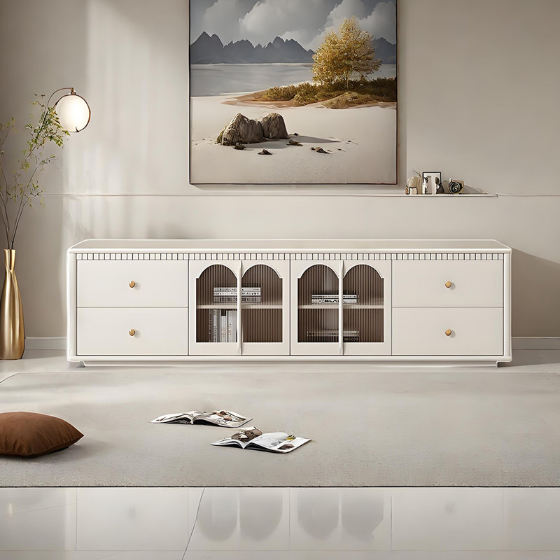 Meuble télé en bois massif de style français, H 23,62 po x L 70,86 po x l 15,74 po, Crème