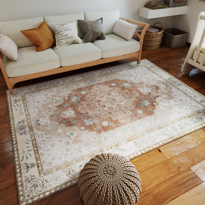 Living Room Rug 5x7 ft Light Brown Area Rug Machine Washable Rug, Non Slip Vintage Rug Stain Resistant Indoor Large Carpet for Bedroom, Boho Rug, Distressed Retro Floor Rug for Classroom, Dorm, Dining Room