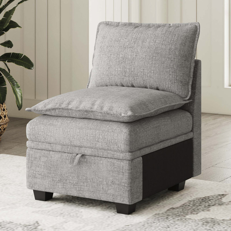 Luna Chenille Single Seat Armless Storage Chair For Modular Sofa, Gray Chenille