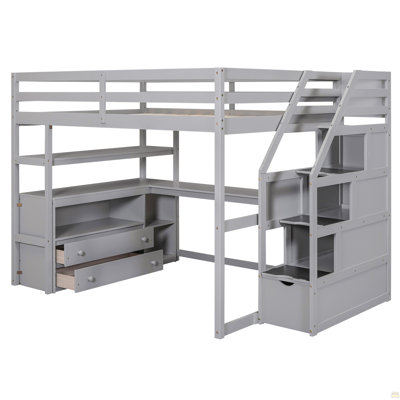 Full Size Loft Bed With Desk And Shelves, Two Built-In Drawers, Storage Staircase, Gray