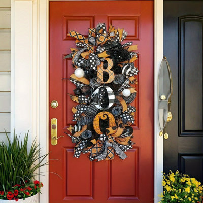 Halloween Boo Swag Wreaths - Spider Web & Ribbon Garland For Front Door, Wall, Window, Fireplace - Scary Autumn Decor To Thanksgiving, Fall Foliage Haunted House Decor