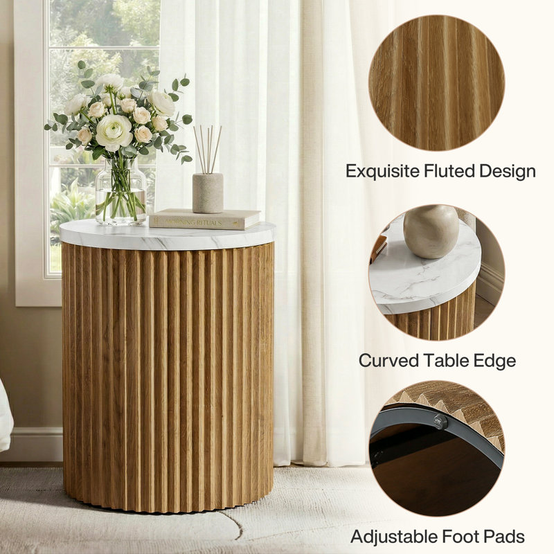 23.6-Inch Tall Round Nightstand with Faux Marble Tabletop, Drum Shape, 1