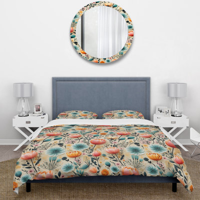 Playful Floral Ivory And Blue Delight I - Ensemble de housse de couette à motif floral