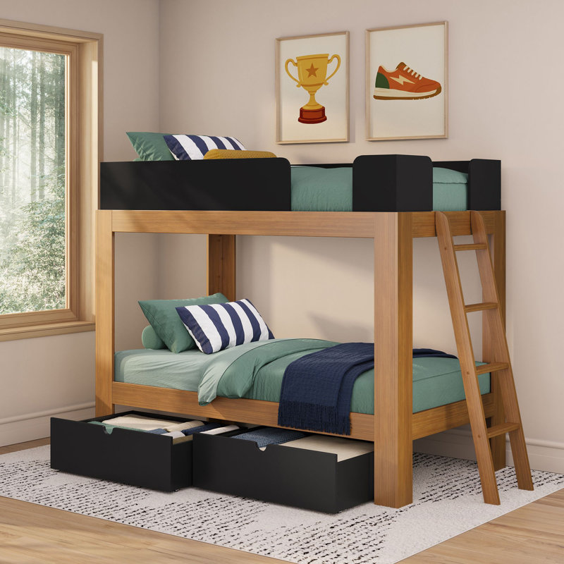 Mid-Century Modern Twin Over Twin Bunk Bed w/ Storage Drawers, Pecan/Black, Pecan/Black