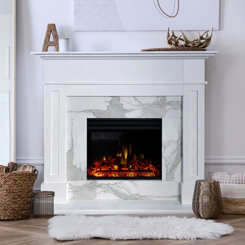  53-In. Electric Fireplace Mantel with Marble in White and Deep Log Insert with 5 Multicolor Flames