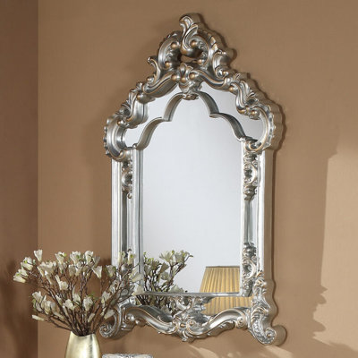 Silver Hand Carved Wall Mirror with Ornate Embellishments