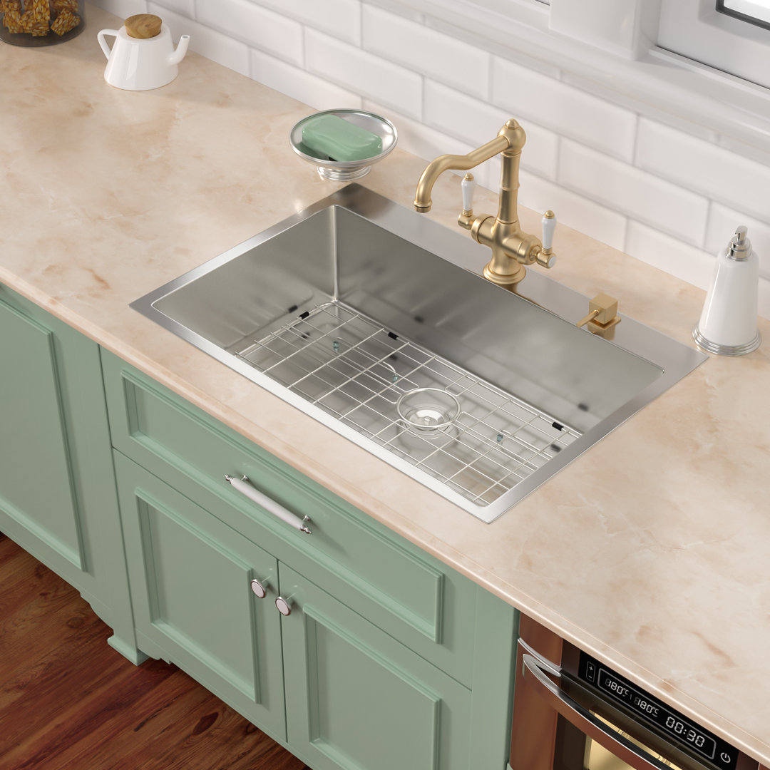 33" L x 22" W Drop-In Single Bowl Stainless Steel Kitchen Sink with Basket Strainer and Sink Grid Mocoloo 