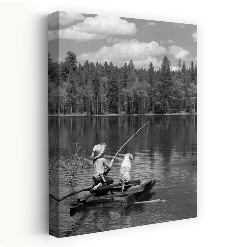 1950S Boy Huck Finn Style On Homemade Raft With Dog Fishing In Lake Classic Retro Vintage Dog Fish Animal Art, 24" H x 16" W